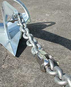 Popular inline type swivel installed with a few links of chain between it and the anchor