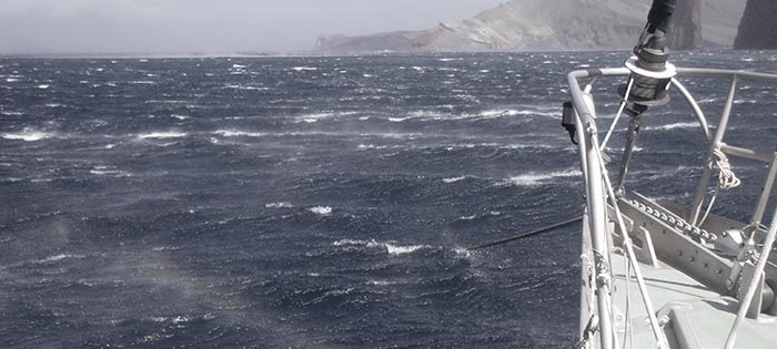 Rocna anchor in 50-60 knots wind, Deception Island Antarctica