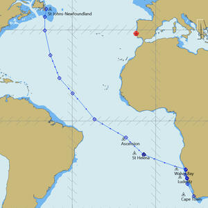 The transatlantic route from Namibia to Newfoundland